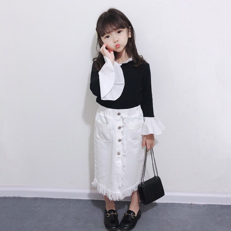 Kids Denim Skirt High Waist Split Tassel Toddler Clothes Fall Girls Straight Skirts Infant School Jean Short Skirt