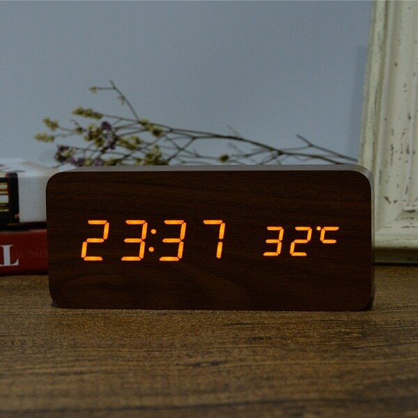 Houten houten klok, digitale klok, elektronische klok en kosten multi-color FiBiSonic wekker met thermometer: brown orange