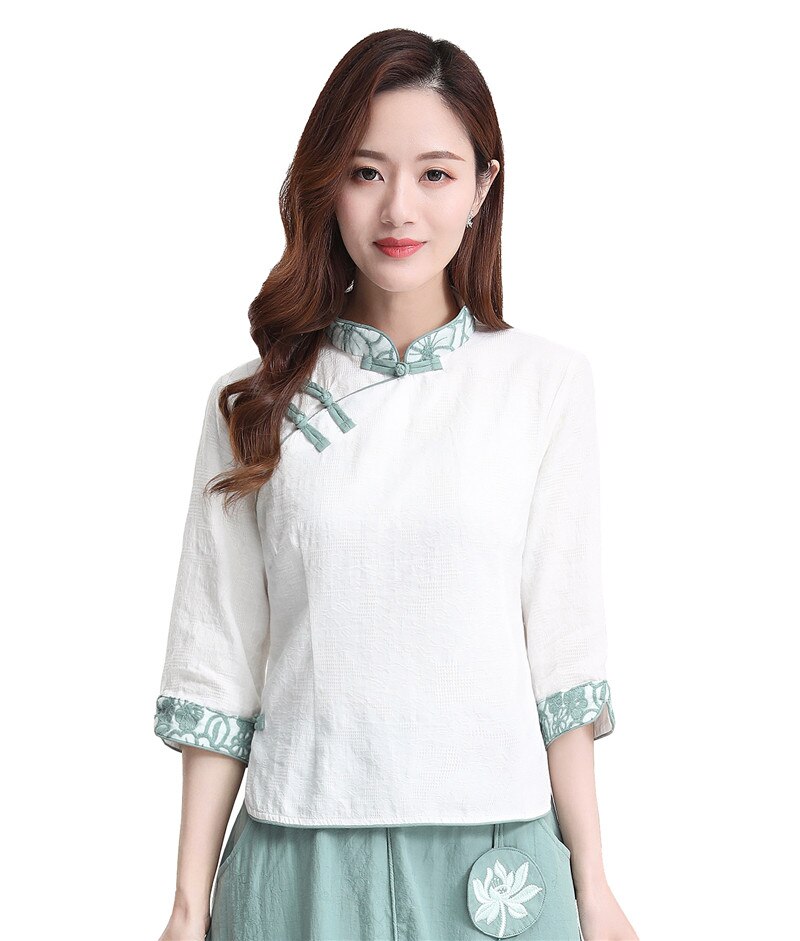 Shanghai Geschichte 3/4 Hülse chinesische Traditionelle Kleidung der Frauen Chinesischen oben Mischung Leinen Bluse Chinesischen Weiß Qipao Hemd: 2811 / XXL