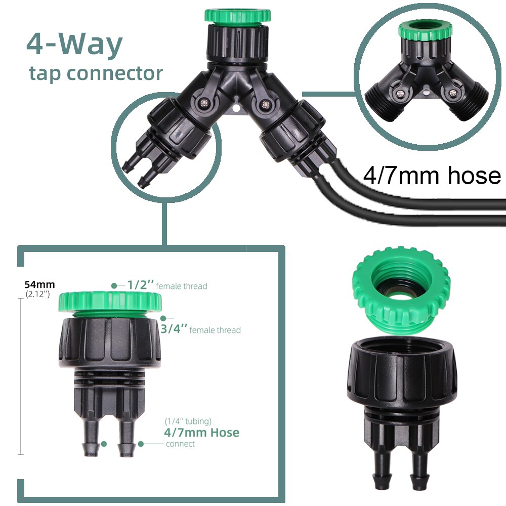 Drip Irrigation System 1/4" Hose 180 Degree Adjustable Sprinkler Kit 4-Way Garden Watering Inserting Ground Micro Flow Dripper