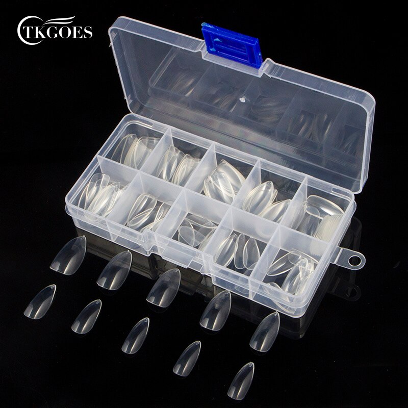 TKGOES 100 pcs Met Doos Acryl Amandel Nep Nagels Volledige Dekking Kunstmatige Stiletto Nagels Valse Nagel Tips Transparant