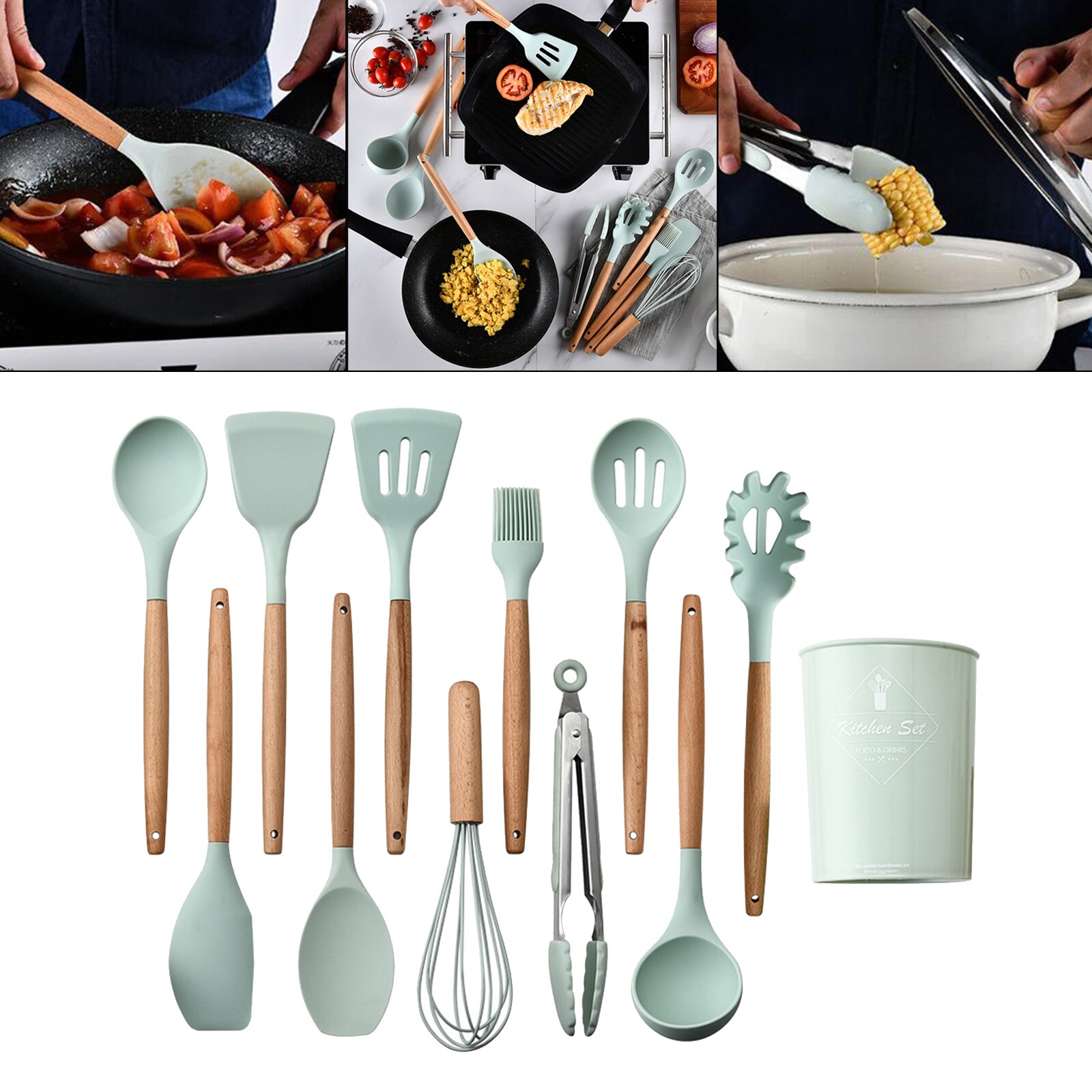 11PCS Nonstick Cookware Non Scratch Wooden Handle Anti-scalding Turner: Light Green