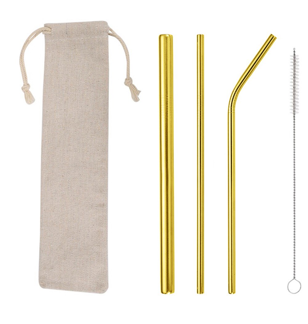Reusable Drinks Straw Eco Friendly 304 Stainless Steel Metal Straws with Clean Brush Coffee Drinking Tube Set: Golden