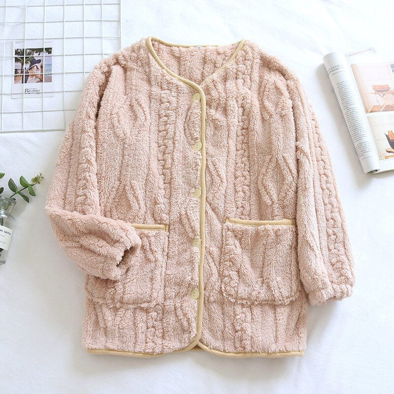 Tops de franela para dormir para mujer, ropa de dormir informal cálida, gruesa y suave, Top cómodo y dulce para estar en casa, Invierno: apricot / L