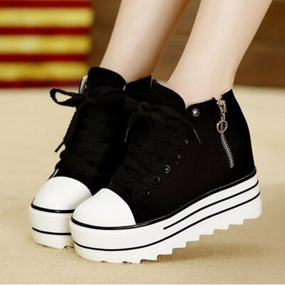 Vita kilar canvas skor kvinna sneaker höga platåskor high top sneakers dam dold klack ledig dragkedja vulkaniserade skor: Svart / 5.5