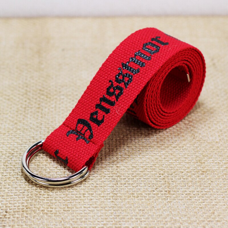 Unisex canvas riemen met letters, d-ring, dubbele gesp, punk tailleband, dames, heren, tieners, lange brede riem: Een rode