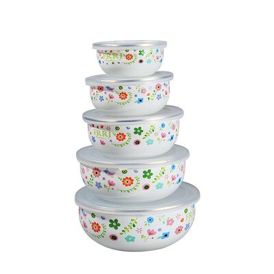 5 Pcs Emaille Ijs Kom Mixing Bowls Met Afdichting Deksel Emaille Kommen Pak Set Behoud Set Ice Box Mini Rijst kom 10-18 Cm Emaye: Gray