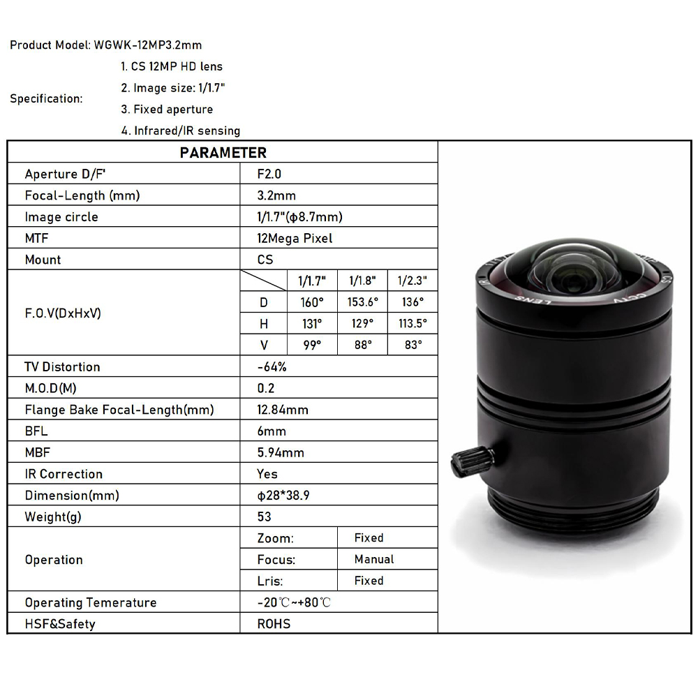 WGWK 4K 12MP CS Mount CCTV Lens 1/1.8" Format Manual Iris 5-50mm Industrial Zoom Lens For Machine Vision Surveillance IP Camera