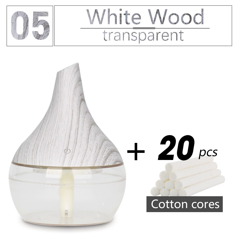 300ML USB humidifier Electric oil Aromatherapy wood grain Ultrasonic air diffuser with 7 colors lights for home office Car: white wood-trans-20