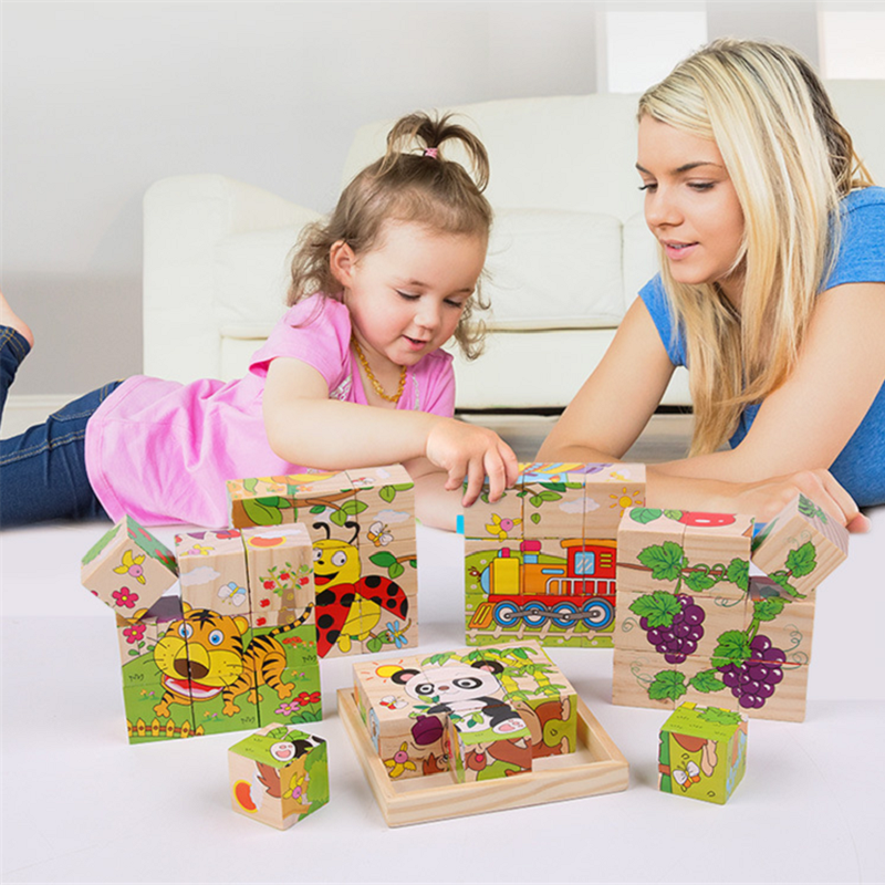 Baby Houten Blok Speelgoed Kinderen Zes Side 3D Cube Jigsaw Games Animal Fruit Verkeer Cognize Vroeg Leren Educatief Speelgoed