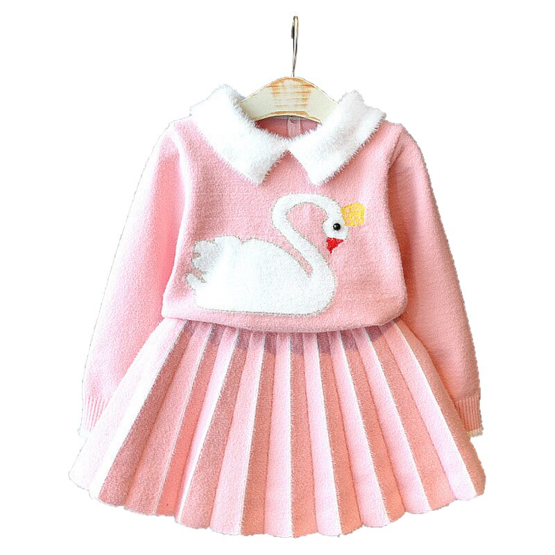 Baby meisje kleding kristal fluwelen cartoon zwaan trui trui tweedelige dikke warme trui rok baby buitenlandse trui set: Roze / 6T