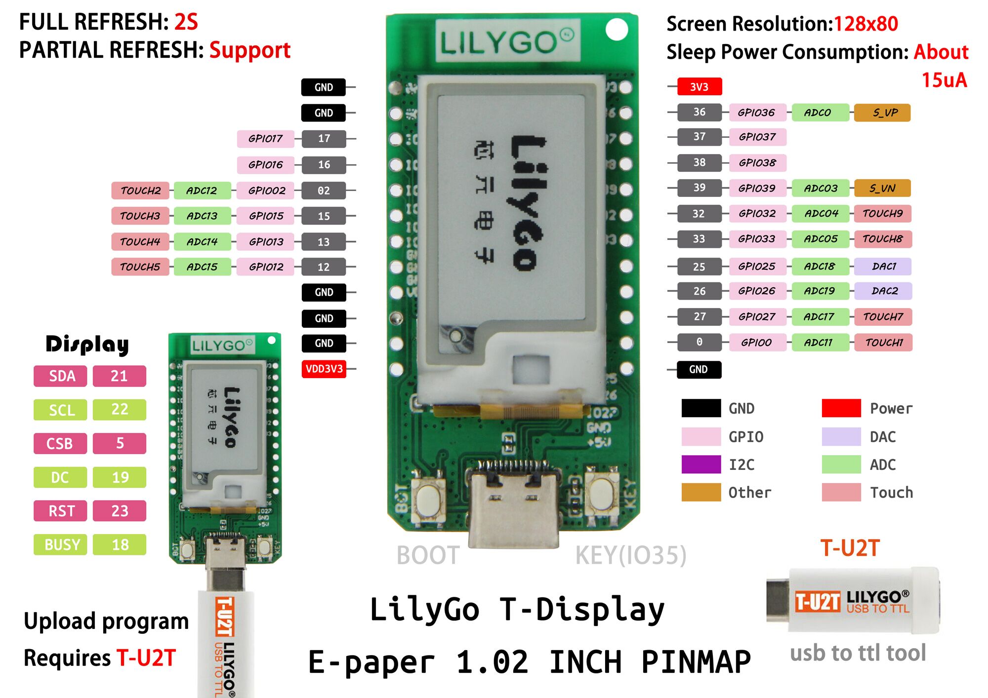 LILYGO® T-Dispay E-paper 1.02 inch Adapt to T-U2T USB To TTL Automatic Downloader