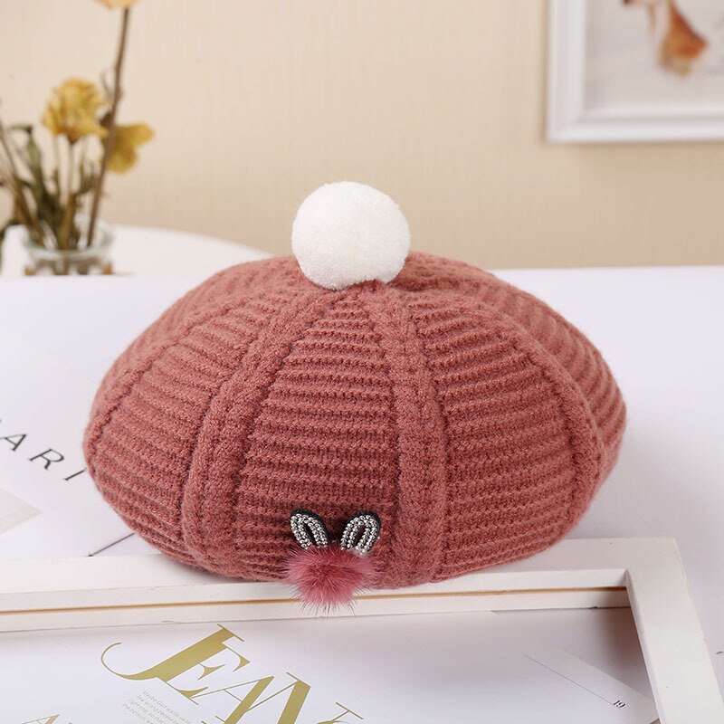 Dames hoeden en petten baret hoed muts dames herfst winter warme muts muts femme bontbal konijn wollen gebreide muts: Ijzerroze