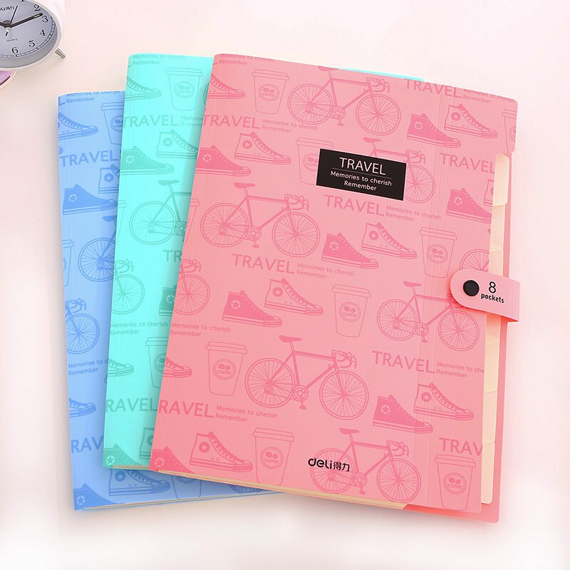 Deli 5737 carpeta de archivos de papelería bonita A4 8 bolsillo impermeable de expansión de la carpeta conveniente soporte de gestión de documentos Cartera de expansión