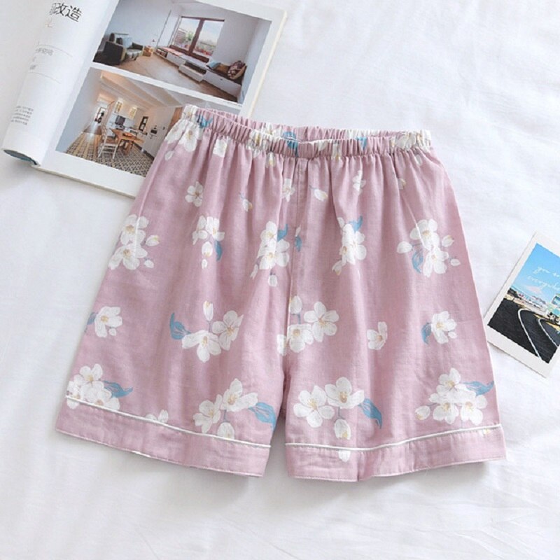 Summer Ladies Cute Floral Printed Household Shorts Loose Thin Elastic Wasit 100% Gauze Cotton Sleep Bottoms Women Comfort: pink / L