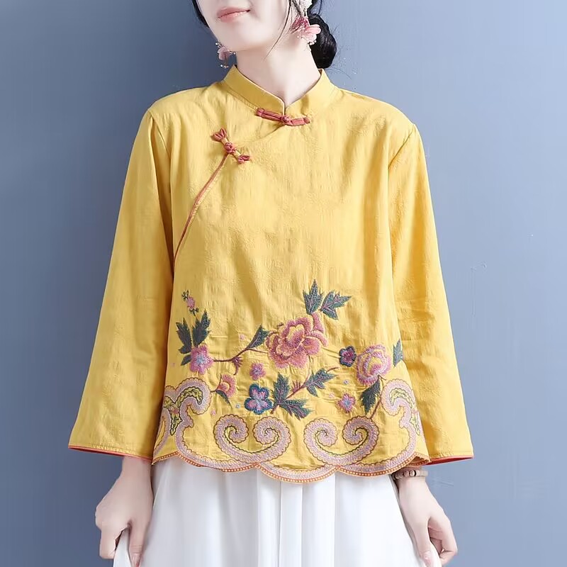 Chinesischen Stil Bestickt Baumwolle Leinen Shirts Frühling Sommer Retro Zugeknöpft Lange ärmeln Stand-up Kragen Kleidung Lose Tops: L / Beige