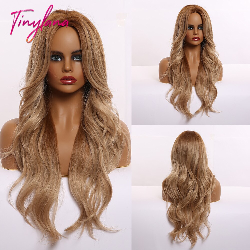 TINY LANA Synthetic Wigs Golden Ash Blonde Ombre Long Middle Point Wavy HairStyle Natural Hairline for Afro Women Heat Resistant: LC309-1