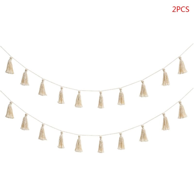 2Pcs/Set Cotton Tassel Garland Pastel Banner Colorful Party Backdrop Decorative Wall Hanging Decorations: Beige