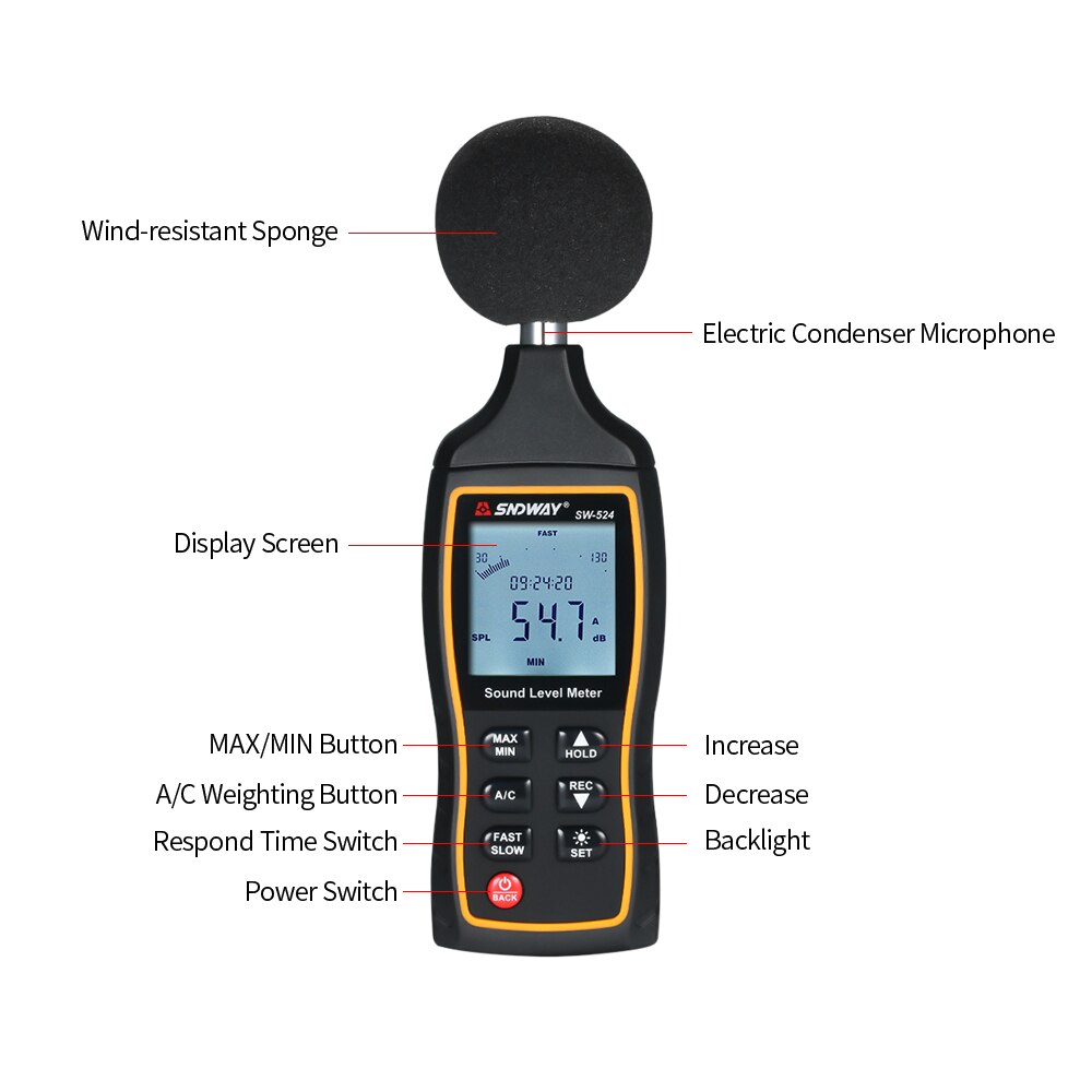 SNDWAY SW-524 30-130dB Digital Klang eben Meter Digital Noisemeter Lärm Volumen Messgerät Dezibel Überwachung Tester