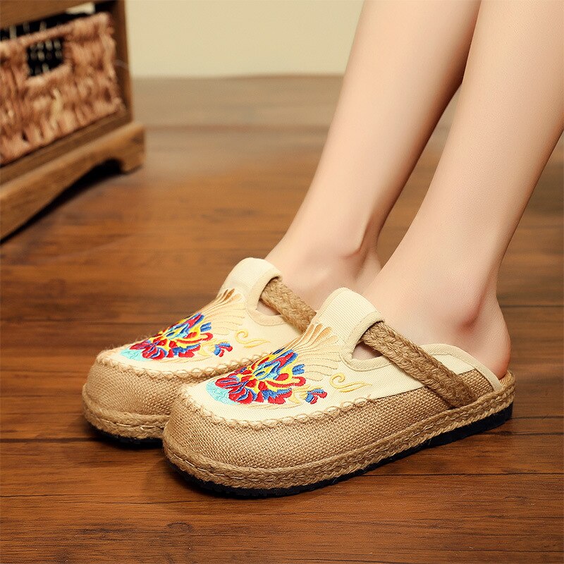 Chinesischen Stil Traditionellen Frauen Rutschen Stickerei Gewebt lässig Alten Peking Handgemachte Tuch Schuhe draussen Leinen Hausschuhe Sandalen