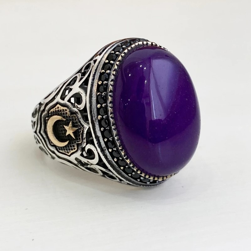 925 Sterling Silver Men Ring Original Rings Antique Pattern Amethyst Men Ring Vintage Jewelry Carving Pattern