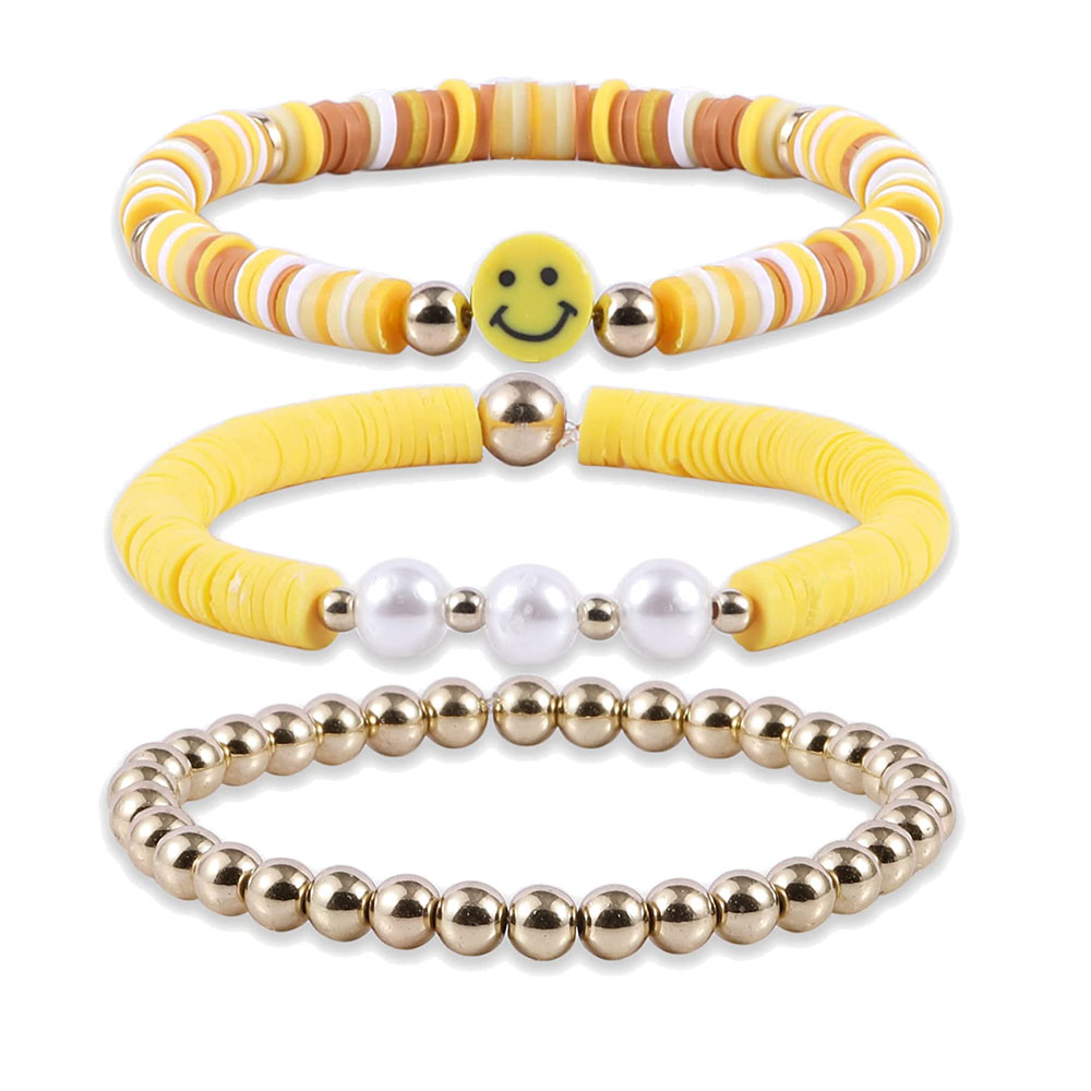 Boho Kleurrijke Polymeer Klei Smiley Gezicht Vriendschap Armband 3 Stks/set Ronde Kralen Multilayer Wrap Armband Vrouwen Polsband