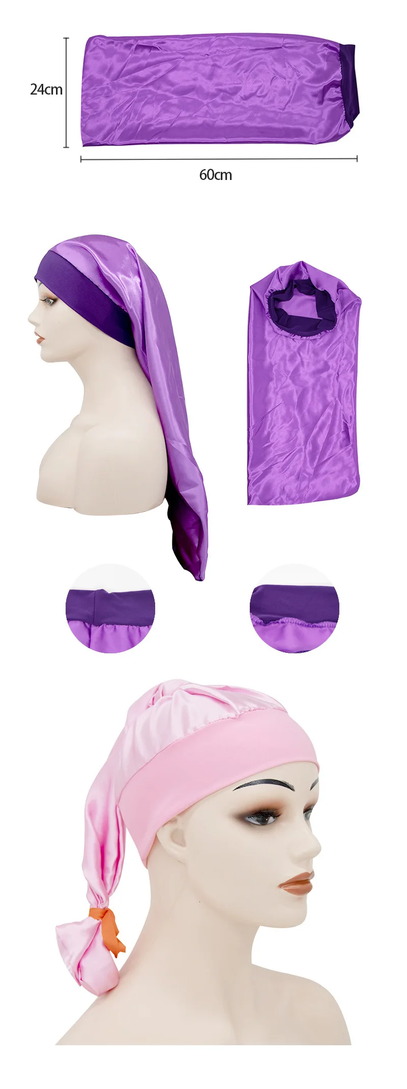 Elastisk bred kant lang satinhue sovehuer løs nathue hårplejehue til kvinder mænd unisex hue hue