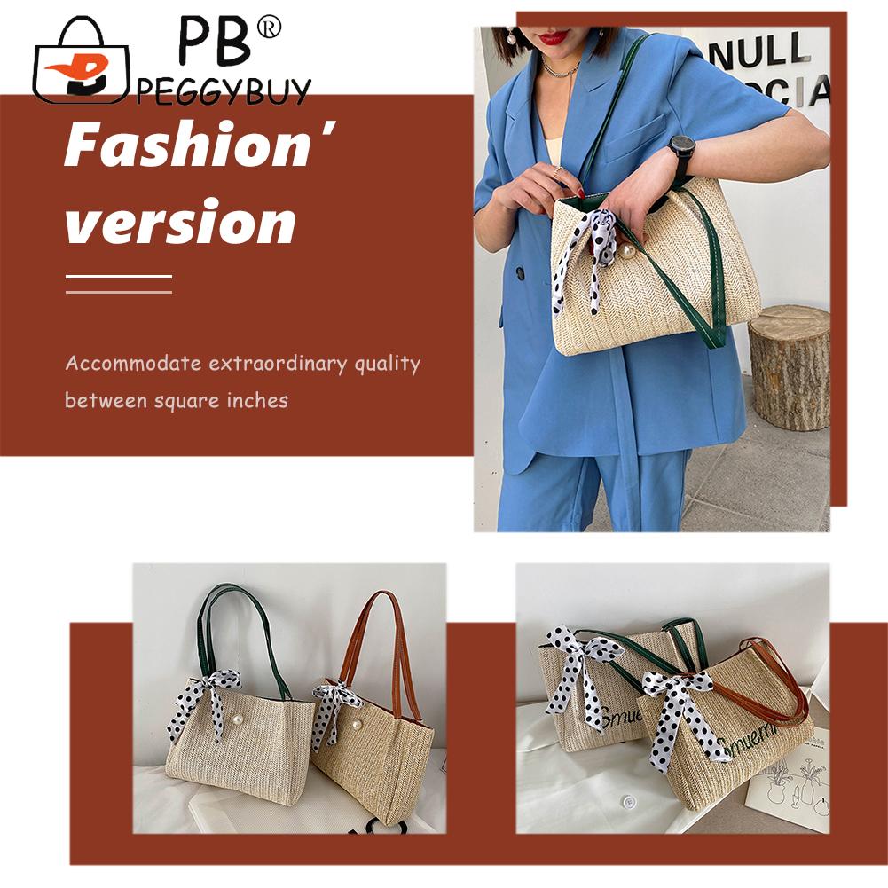 Retro Women Handbags Straw Woven Silk Ribbon Large Shoulder Tote Shopping Bags for Women Ribbons Handbag Female Travel