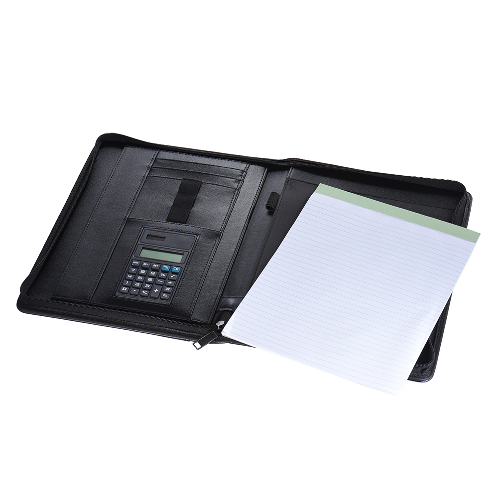 A4 PU Leather Document Folder Organizer Multifunctional Business Portfolio Case Zippered Closure Calculator Card Holder