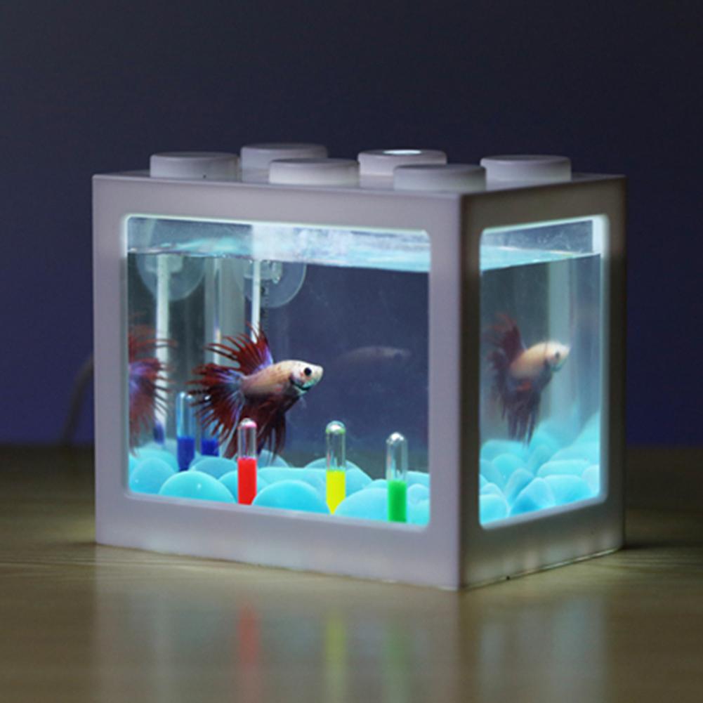 7 farver mini akvarium med lys fiskeboks usb led lys lampe til akvarium hjemmekontor tebord dekoration: Hvid