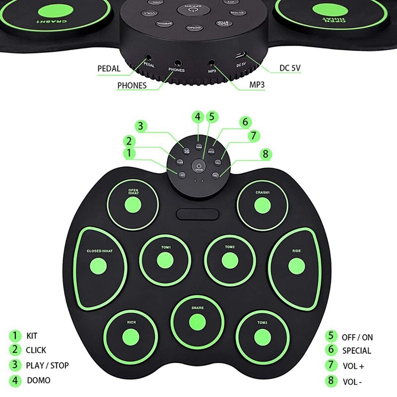 Elektronisches schlagzeug mit 9 pads, aufrollbar, übungsset für kinder, jugendliche und erwachsene, anfänger, bestes geburtstagsgeschenk