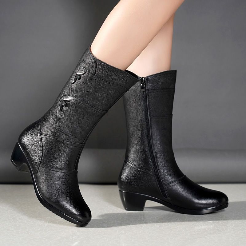 Botas de tacón grueso para mujer, zapatos de algodón con cremallera, cálidos, para otoño e invierno,