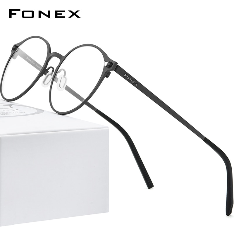 FONEX Pure Titanium Glasses Frame Women Retro Round Prescription Eyeglasses Men Antiskid Optical Screwless Eyewear 8530: black