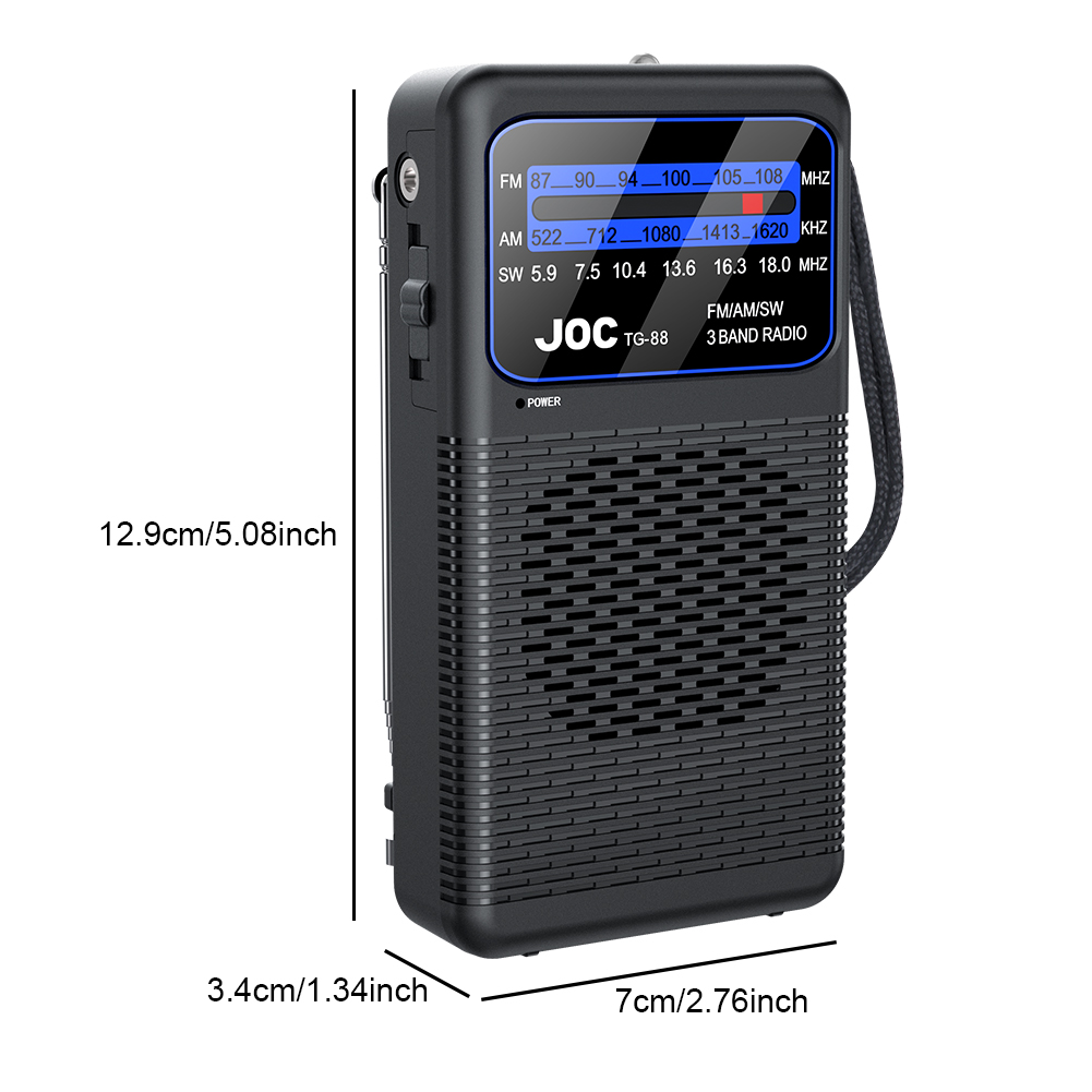 Transistor de radio de emergencia portátil FM AM SW con linterna LED reproductor de radio con pilas para personas mayores caminando: Negro