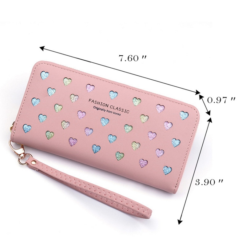 Kvinnor plånbok pu läder lång kärlek hjärta söt handväska för telefon högkapacitet korthållare clutch plånböcker carteira feminina