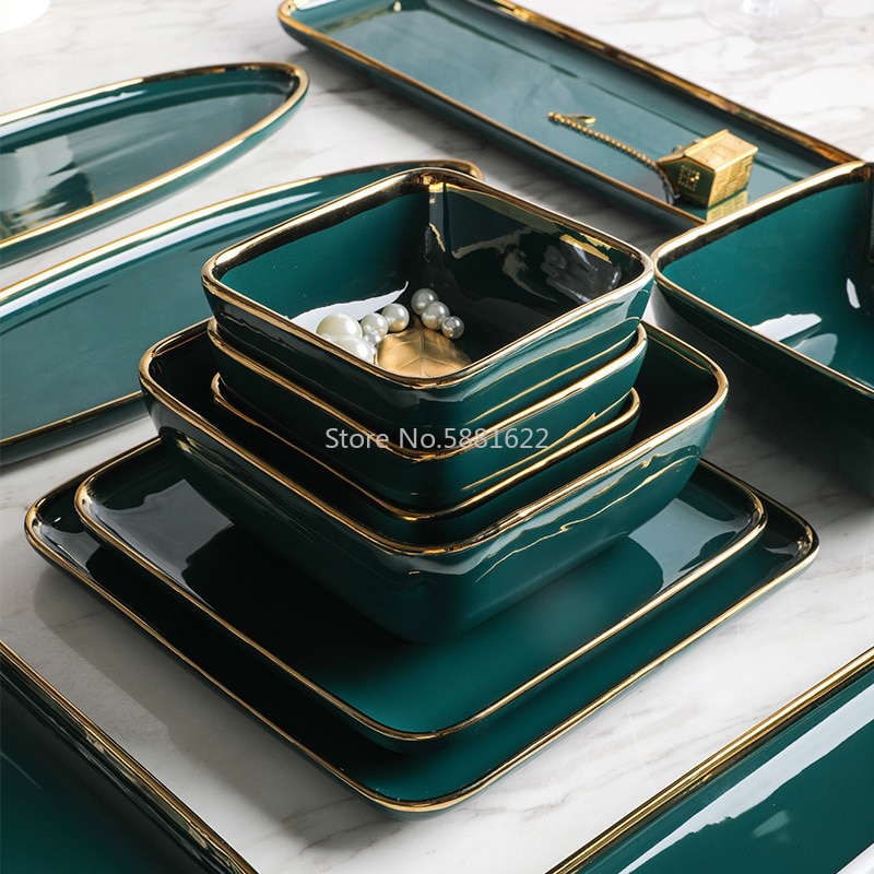 Servies groen keramiek servies goud ingelegd porselein dessertbord steak snack taartbord salade soep rijstkom