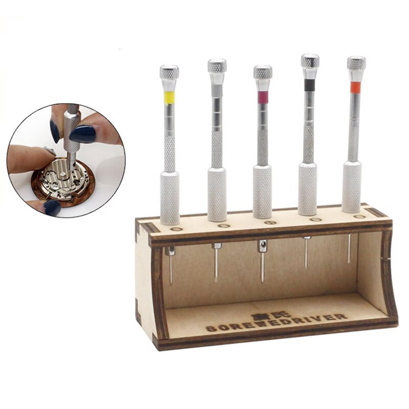 1 Juego de destornillador de reloj de acero inoxidable plano y hoja cruzada de 0,8 Mm a 1,6 Mm con soporte