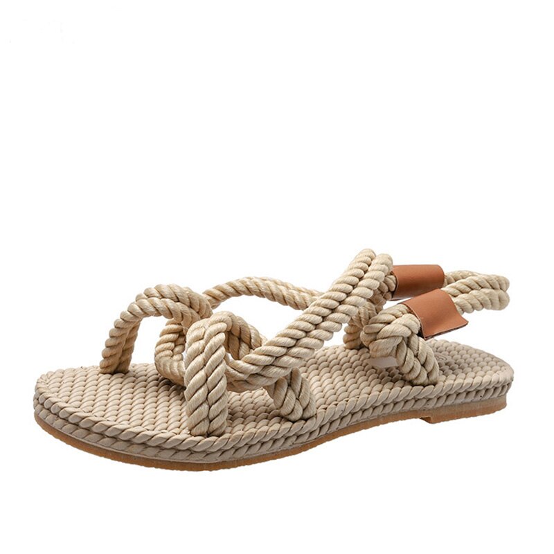 Dam sandaler hampa rep lägenheter kvinnliga slip on beach skor andas bekväm kors slips damsko: Kaki / 36
