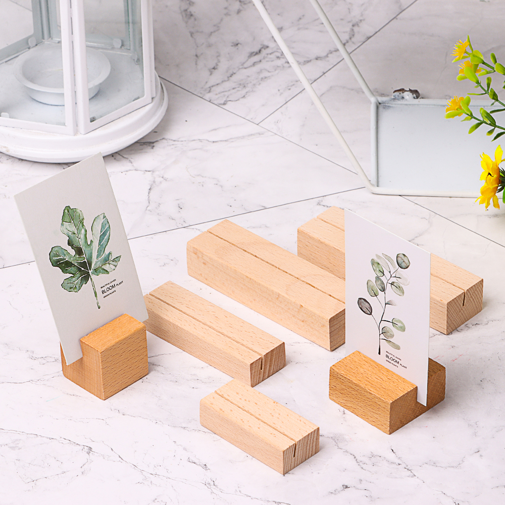 Wooden Business Card Holder Rectangle Wood Block Photo Picture Stand Wedding Party Table Name Number Clips Desktop Menu Holder