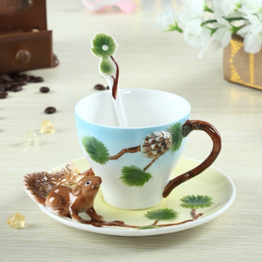 3D Squirrel Hand-painted Enamel Coffee Cup And Saucer Spoon Set Cup Couples Of Coffee Tea Cup Animal Drinkware