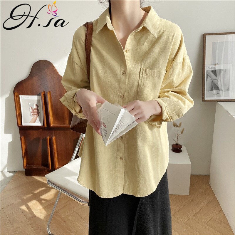 HSA Women Pure Cotton Blouses Trun Down Collar Solid Color Oversized Pocket Blusa Female Shirts Blue Spring Blusas: MYL8308 Yelloe