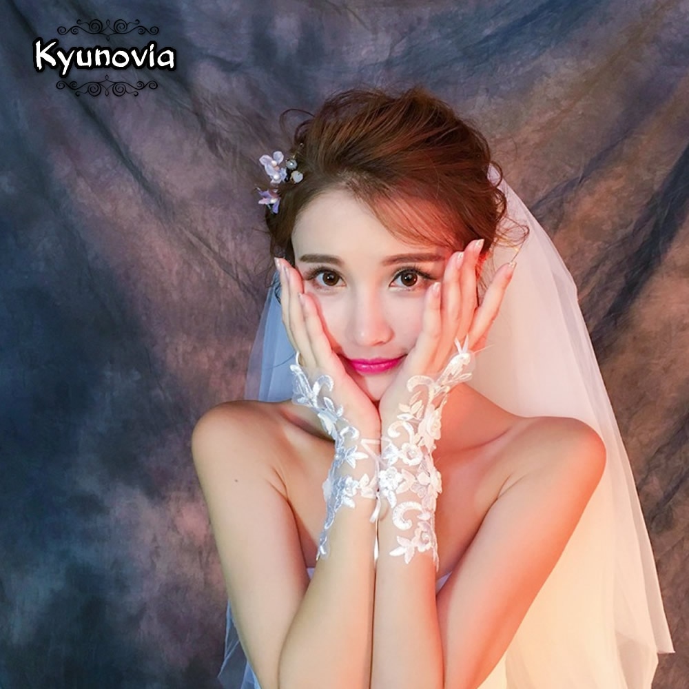 Kyunovia najlepszy ślub białe krótkie rękawiczki bez palców eleganckie perły wieczorowe rękawiczki ślubne rękawiczki ślubne D78