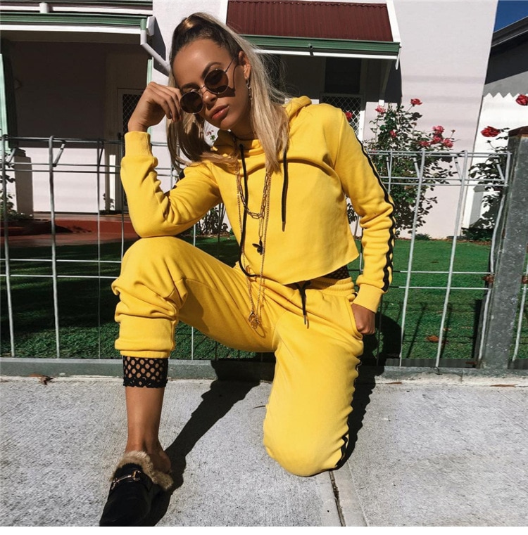 Yellow Striped Suit Set Women Tracksuit Two-piece Style Outfit Sweatshirt Sport Wear