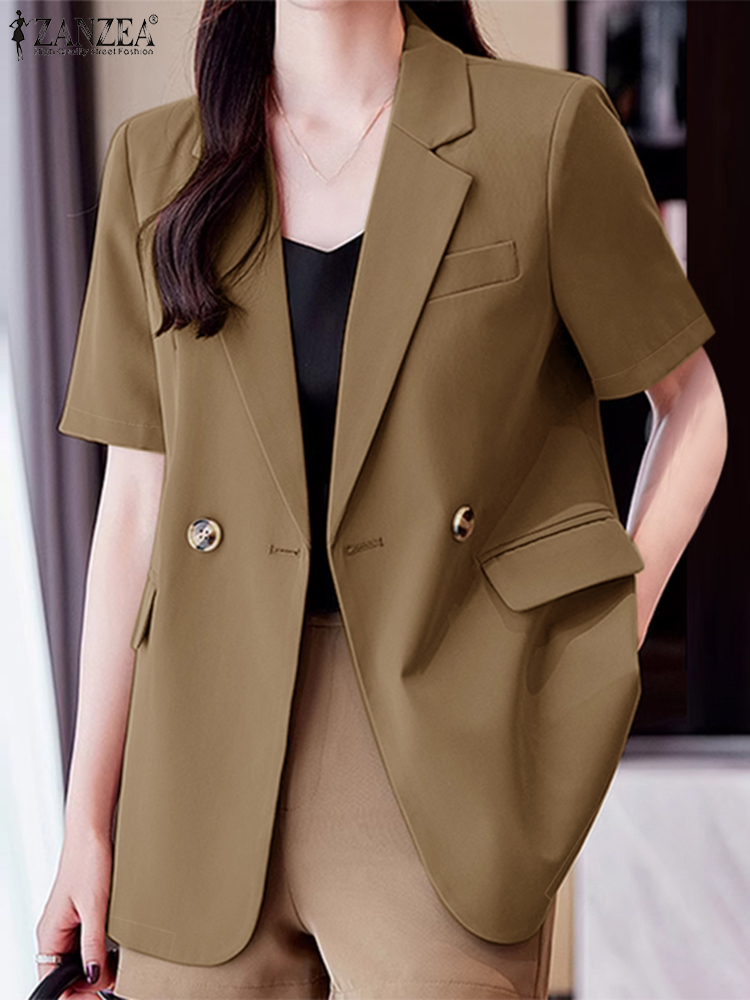Zanzea dame sommerblazer ensfarvet arbejdsskjorte med revershals og korte ærmer, blazer med jakkesæt, afslappet bluse med knapper
