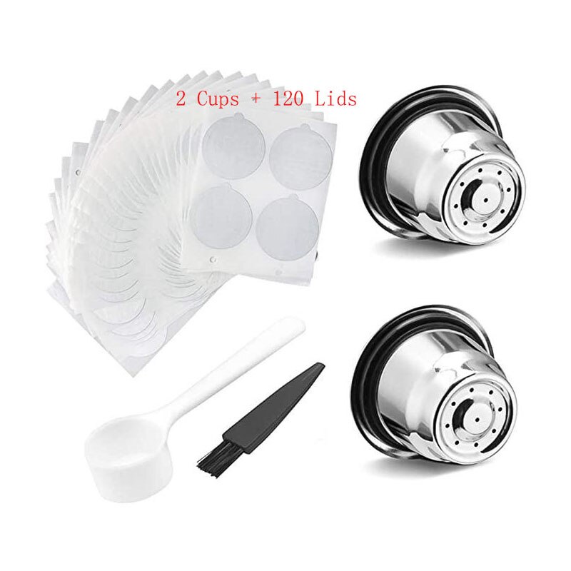 reusable for Nespresso coffee capsules stainless steel with disposable aluminum seals easy to clean reusable cup body: 2 Cups - 120 Lids