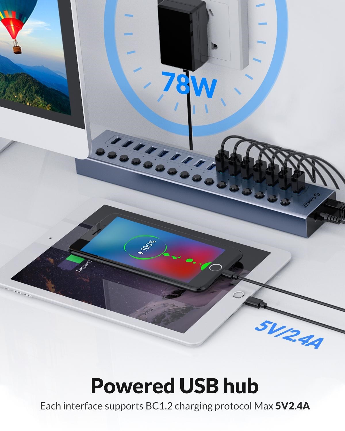 ORICO Aluminiumbetriebener USB3.0-Hub, 7/10 Häfen, USB-Verlängerung mit Schaltern, 12-V-Netzteil, unterstützt BC1.2-Ladesplitter