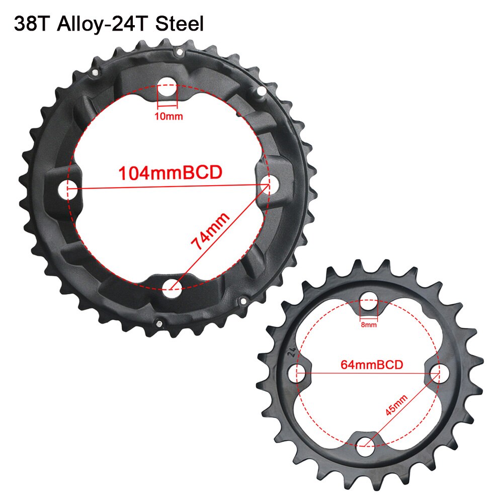 Plateau de pédalier Double 64BCD 104BCD pour vtt, 22, 24, 26, 28, 36, 38 dents: 38T alloy-24T Steel