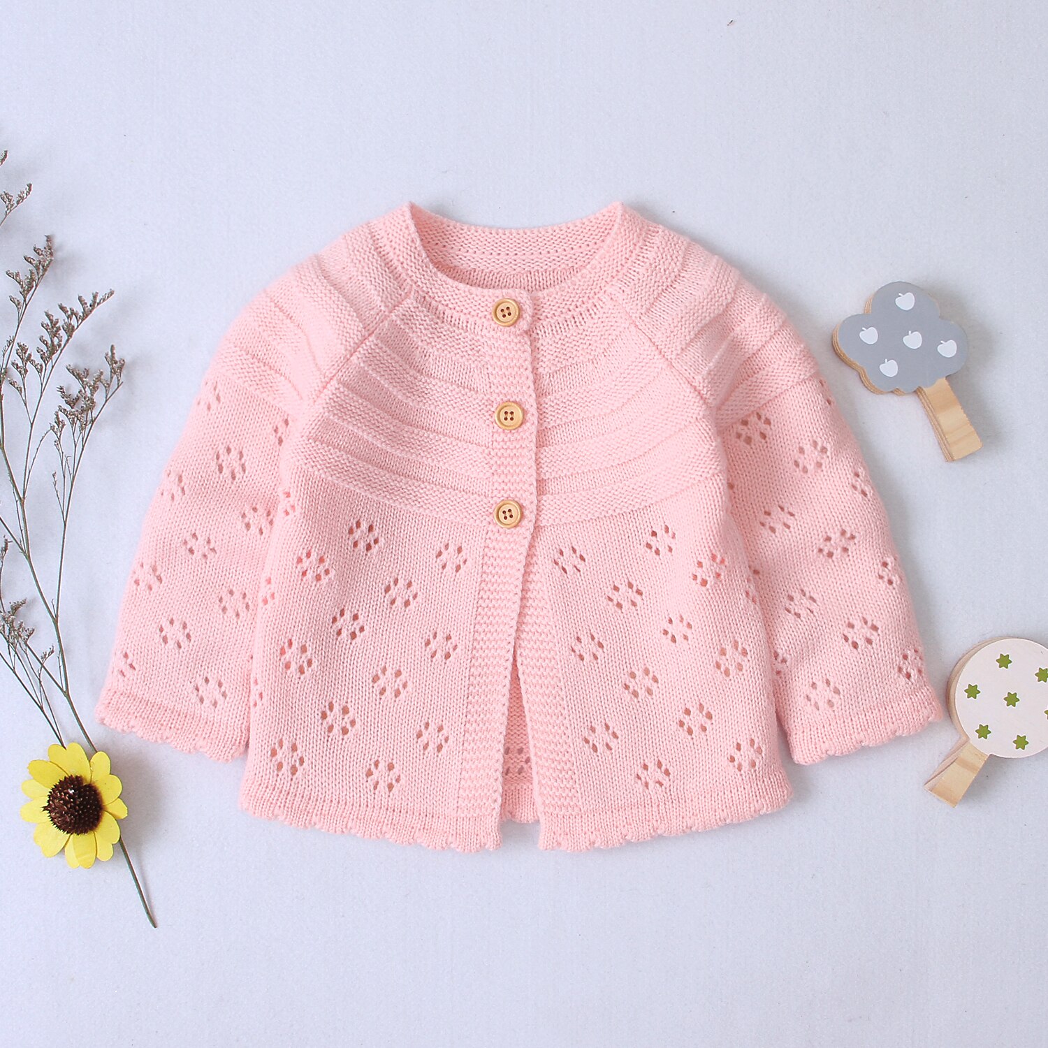 Spädbarn bebis höst vinter kofta tröjor småbarn button-down ihåliga prickar blomma stickade ytterkläder varma rockar kläder: Rosa / 6m