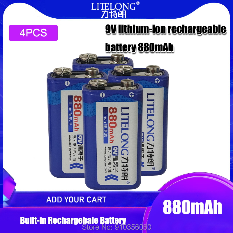 9v 880mAh LITELONG SUPER BIG li-ion lithium Rechargeable 9 Volt Battery Manufacturer's warranty: WHITE