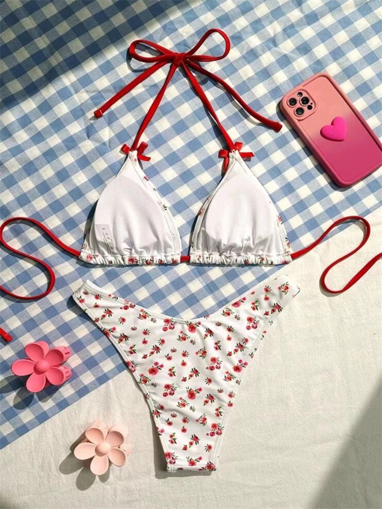 Conjunto de Bikinis triangulares para Mujer, traje de baño Bandage con estampado Floral, traje de baño Sexy con cuello Halter, tangas para Mujer, ropa de playa 2025